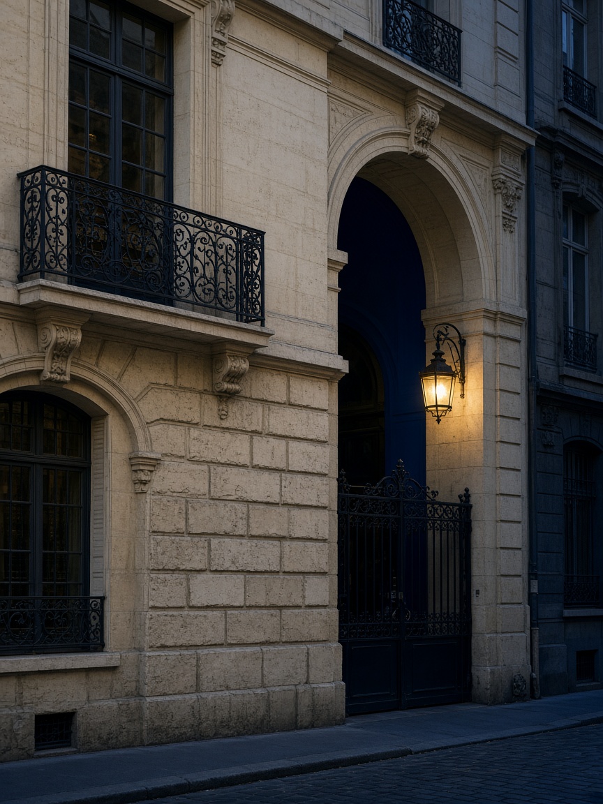 Façade d'un hôtel particulier parisien au crépuscule